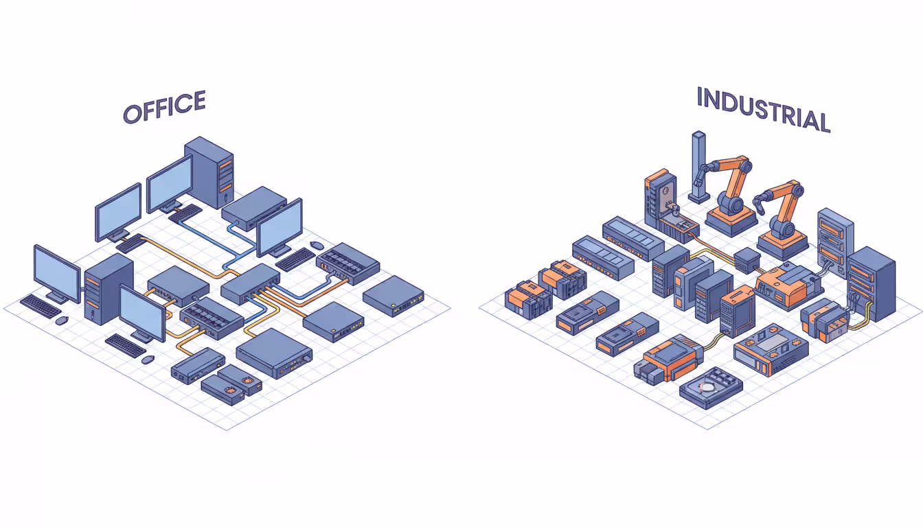 Isometric illustration showing two physically separated network infrastructures for office and industrial systems with no connection between them