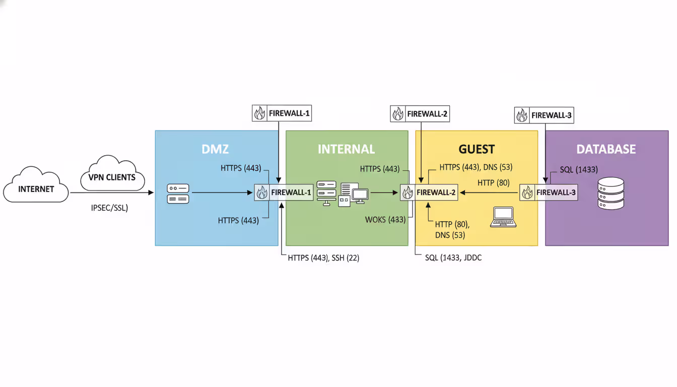 Professional network segmentation diagram showing colored security zones with firewall icons, traffic flow arrows, protocol labels, and external connection points