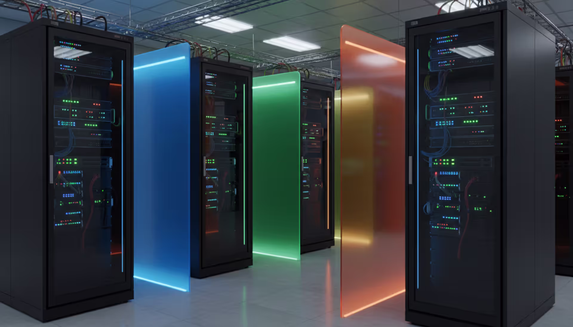 Modern server room with network racks separated by glowing colored transparent barriers symbolizing network segmentation zones