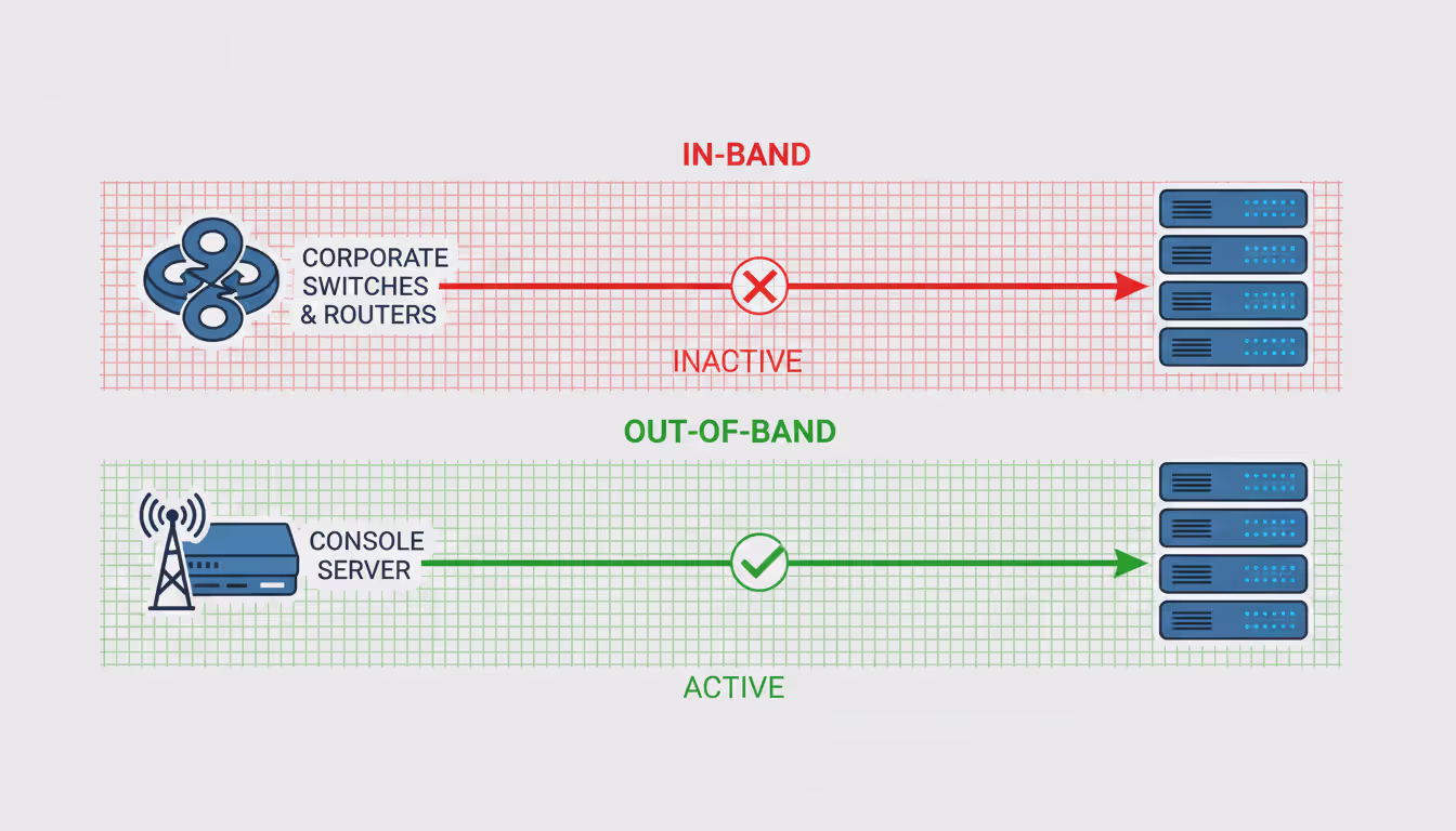 Diagram comparing in-band and out-of-band network management paths showing failed primary path and active cellular backup path