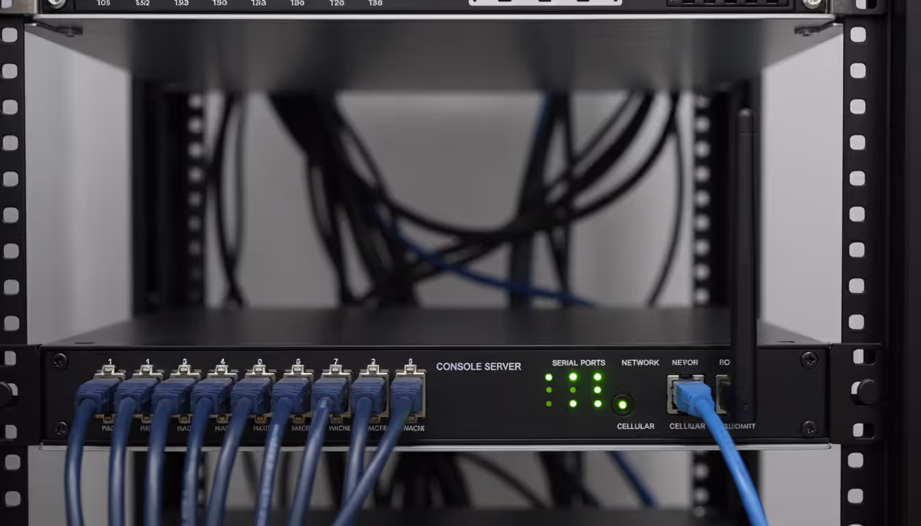 Console server appliance mounted in server rack with serial cables and cellular antenna connected