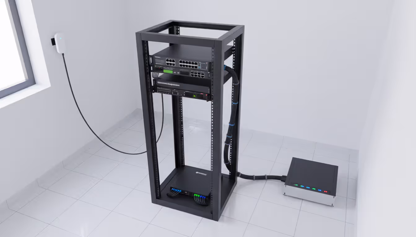 Branch office server rack with console server, intelligent PDU, and wall-mounted cellular antenna for out-of-band management