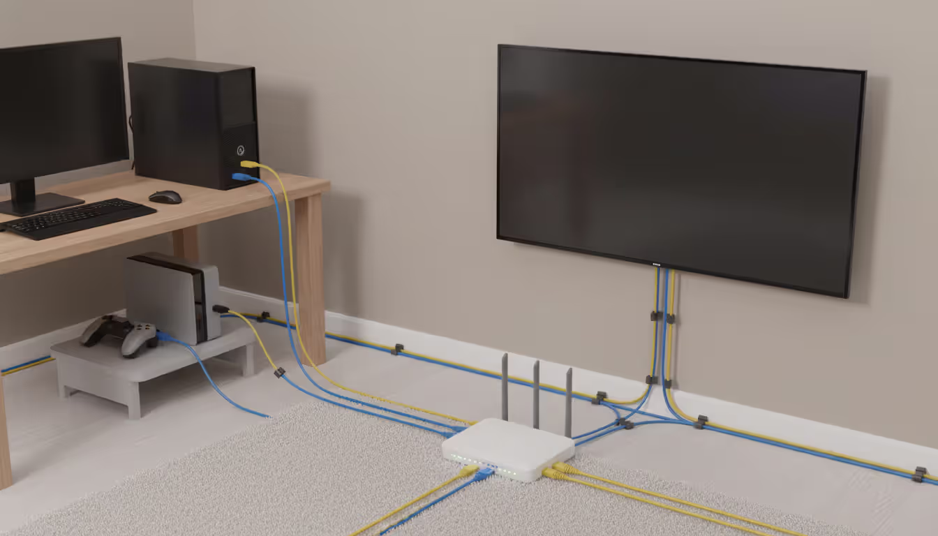 Close-up of a modern router back panel showing multiple Ethernet ports with connected cables and a small network switch with active LED lights nearby