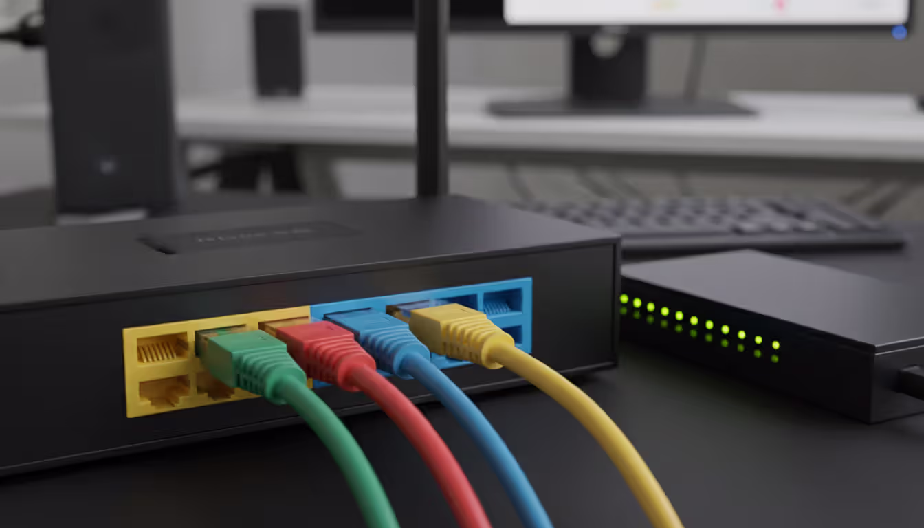 Several Ethernet cables of different categories (Cat5e, Cat6, Cat6a, Cat7) laid side by side on a light surface showing cross-section views of twisted pair conductors inside each cable