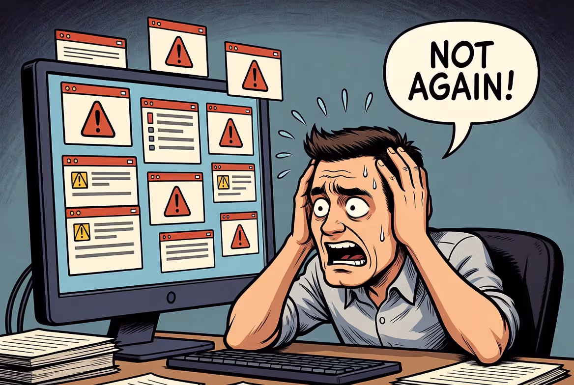 Comic-style admin with overwhelmed look at monitor filled with alert popups